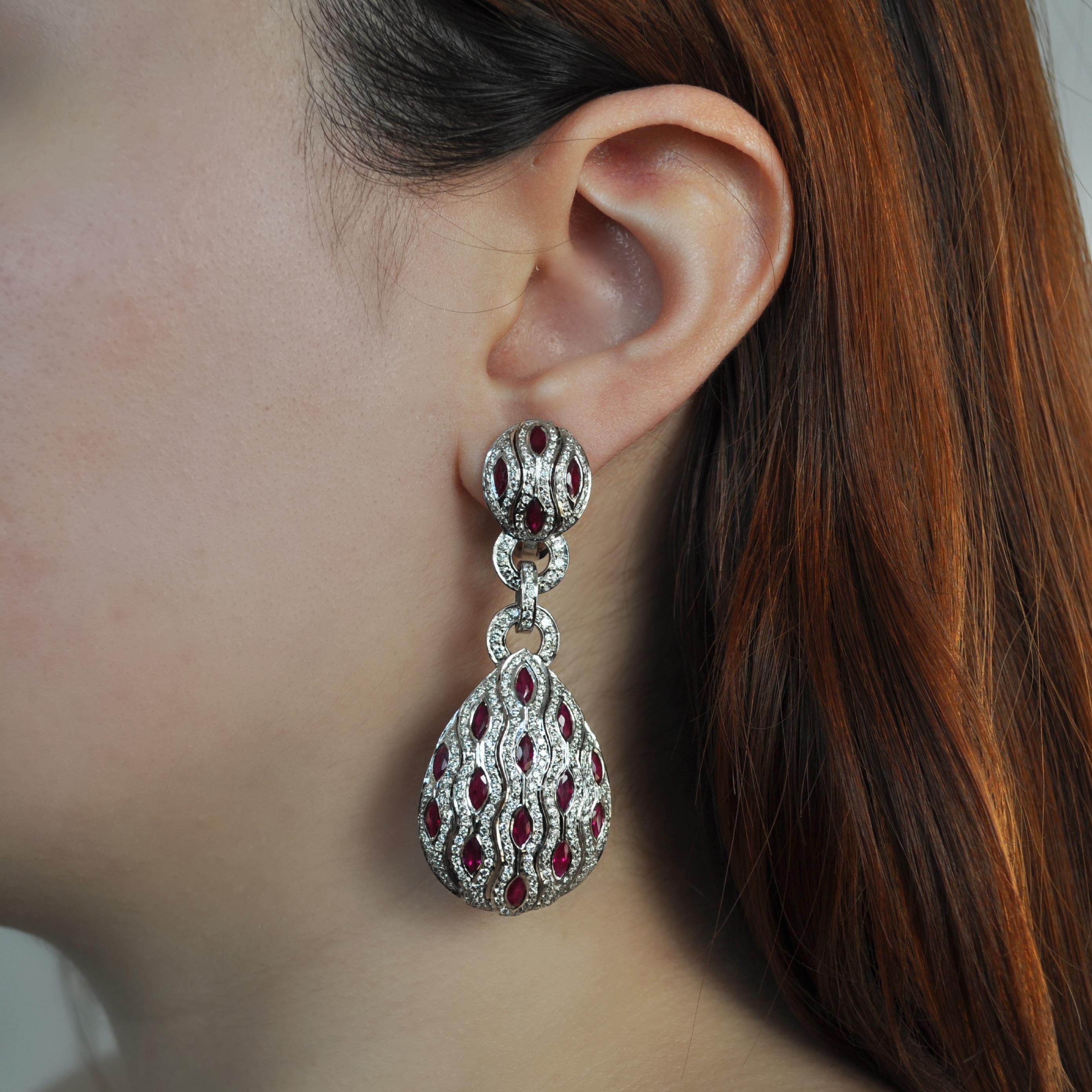 RUCHI Marquise Ruby and Pavé Diamond White Gold Statement Earrings In New Condition For Sale In New York, NY