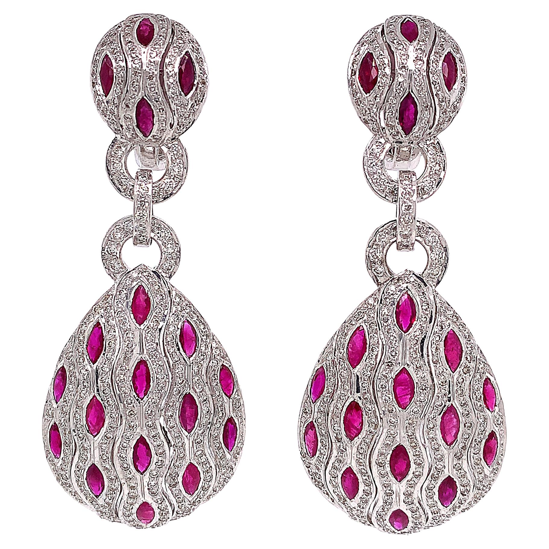 RUCHI Marquise Ruby and Pavé Diamond White Gold Statement Earrings For Sale