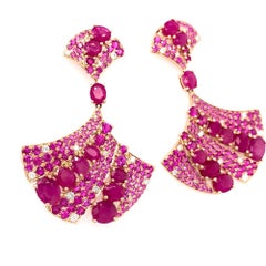 RUCHI Pink Sapphire, Ruby and Diamond Yellow Gold Fan Chandelier Earrings