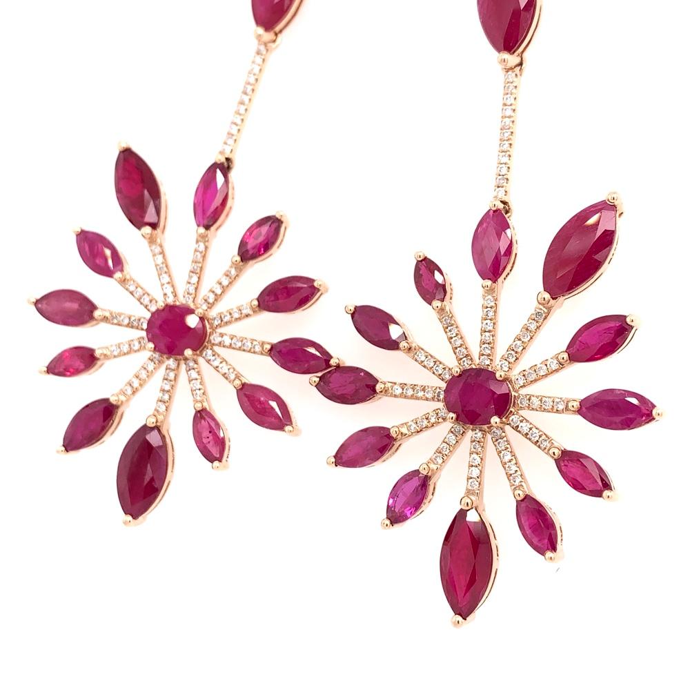 Contemporary RUCHI Marquise-Cut Ruby with Pavé Diamond Yellow Gold Chandelier Earrings For Sale