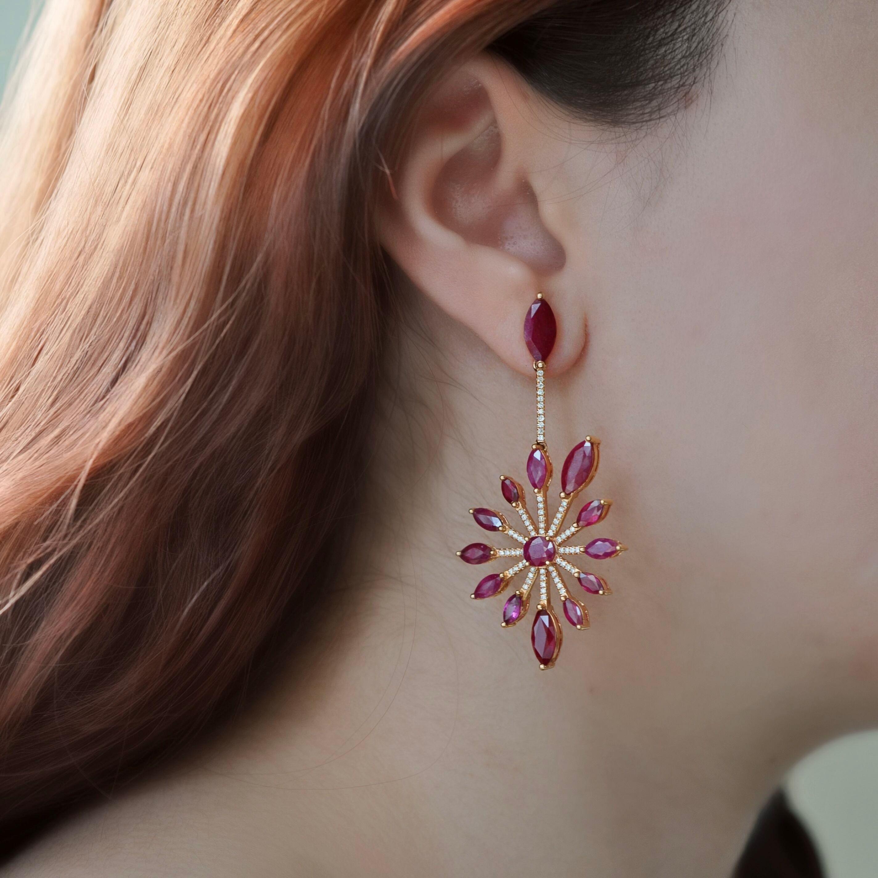 Marquise Cut RUCHI Marquise-Cut Ruby with Pavé Diamond Yellow Gold Chandelier Earrings For Sale