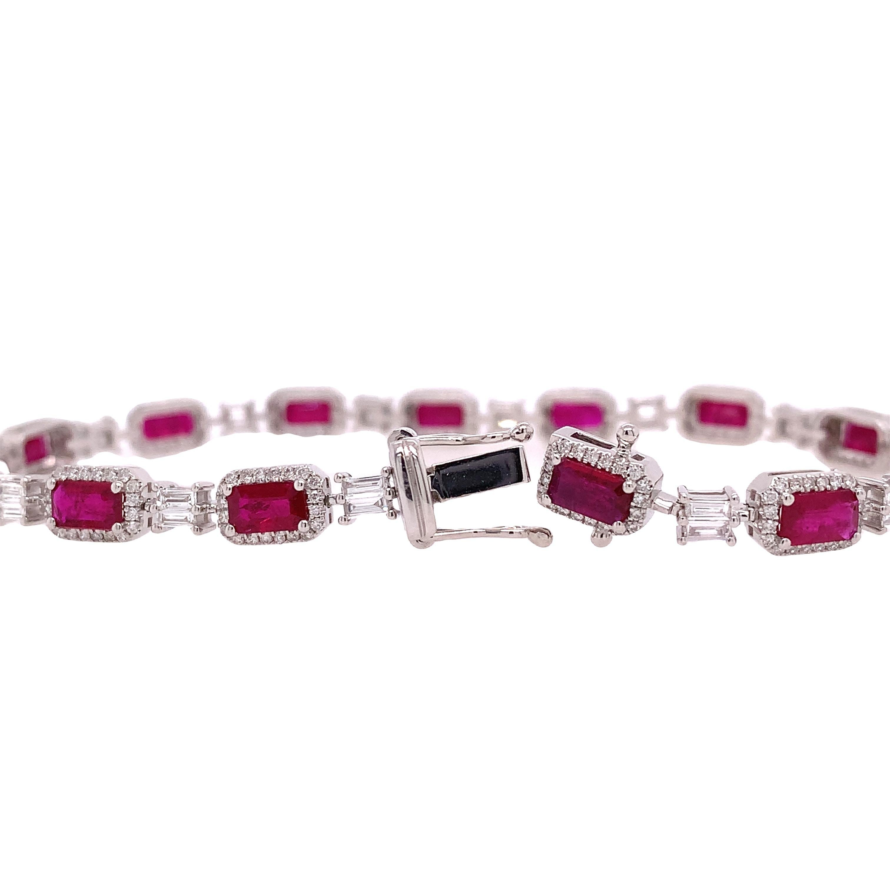 Contemporary RUCHI Ruby with Baguette and Pavé Diamond White Gold Link Bracelet For Sale