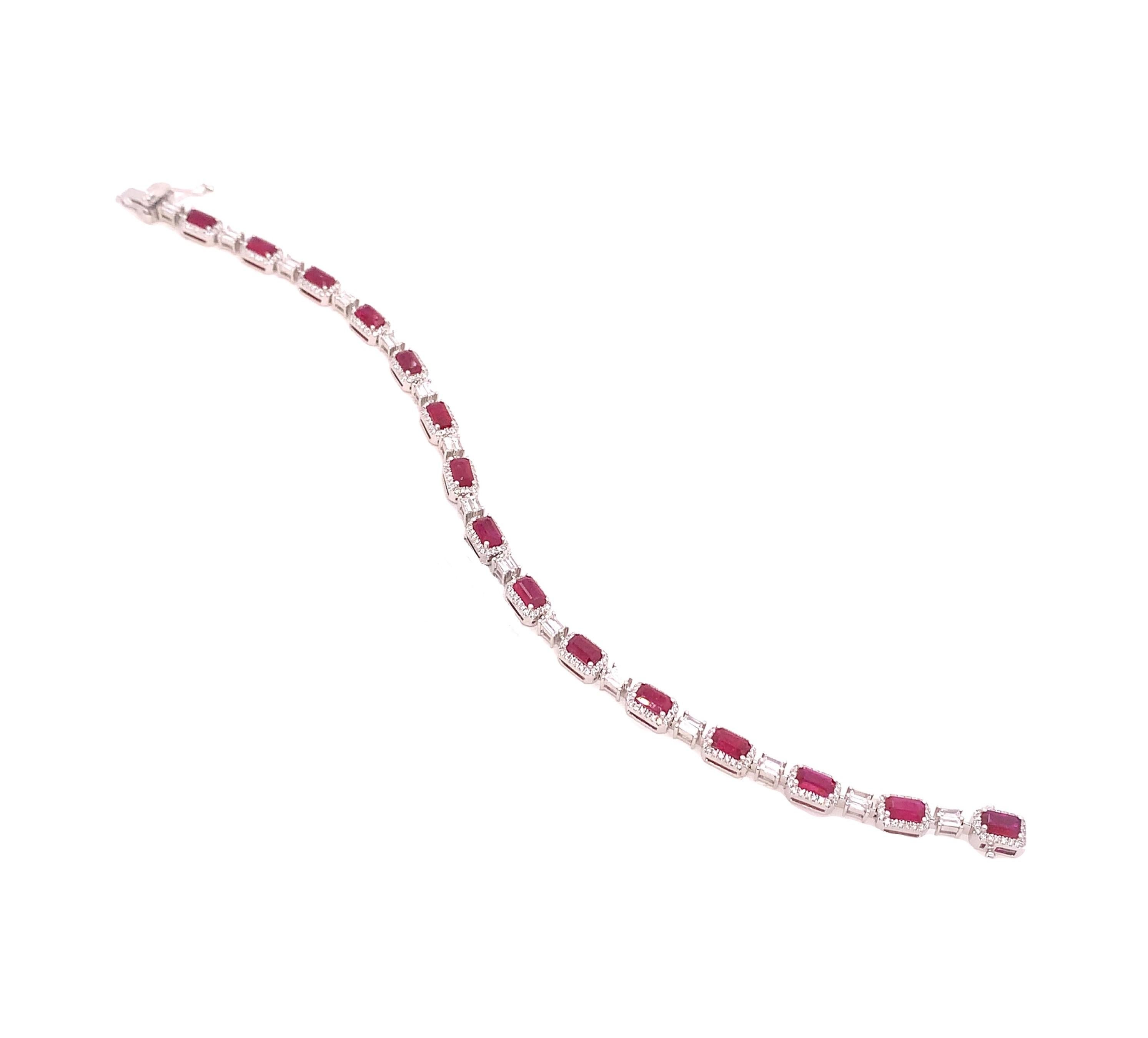 Octagon Cut RUCHI Ruby with Baguette and Pavé Diamond White Gold Link Bracelet For Sale