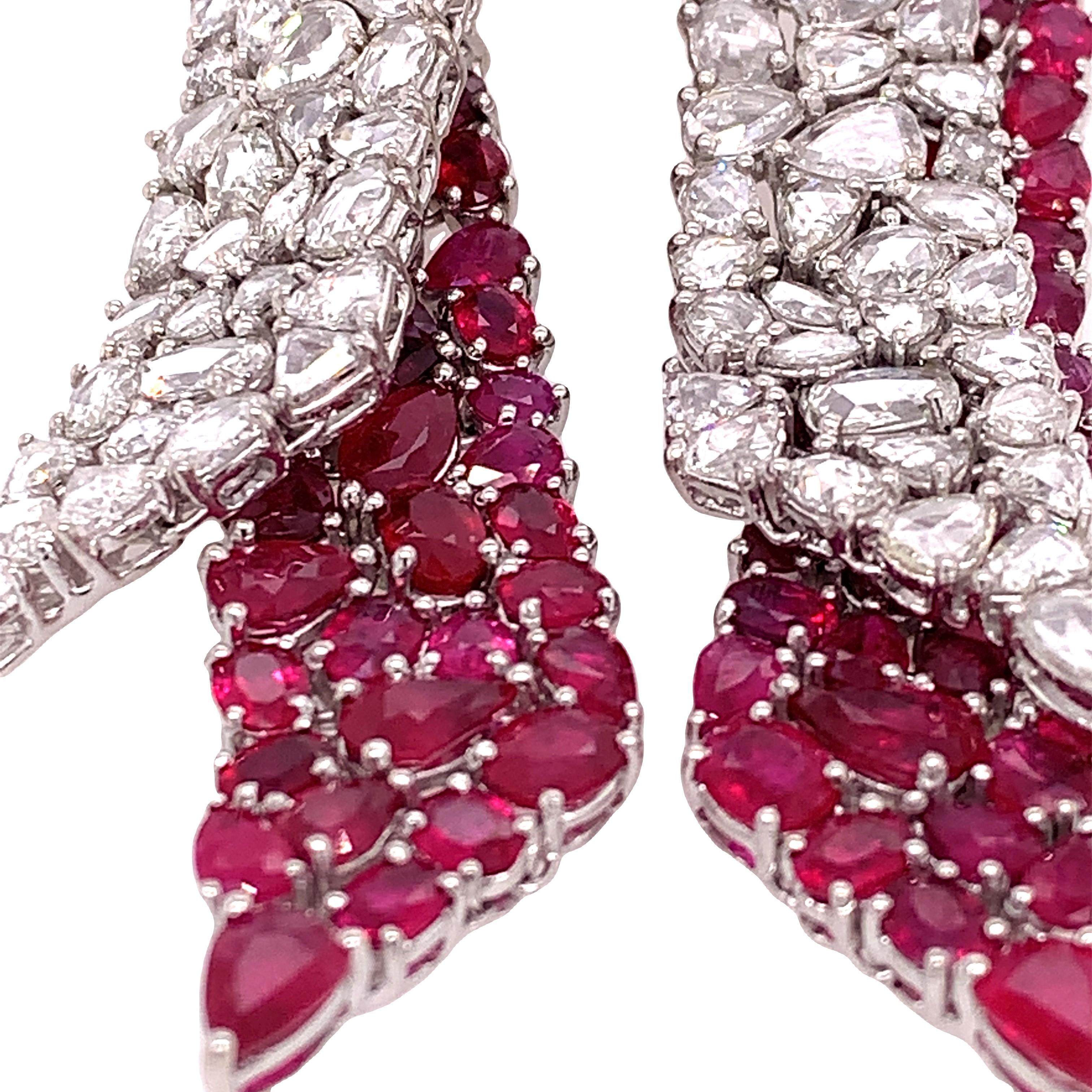 18K White Gold
Diamond: 8.01ct total weight
Ruby: 18.38ct total weight
All diamonds are G-H/SI stones.