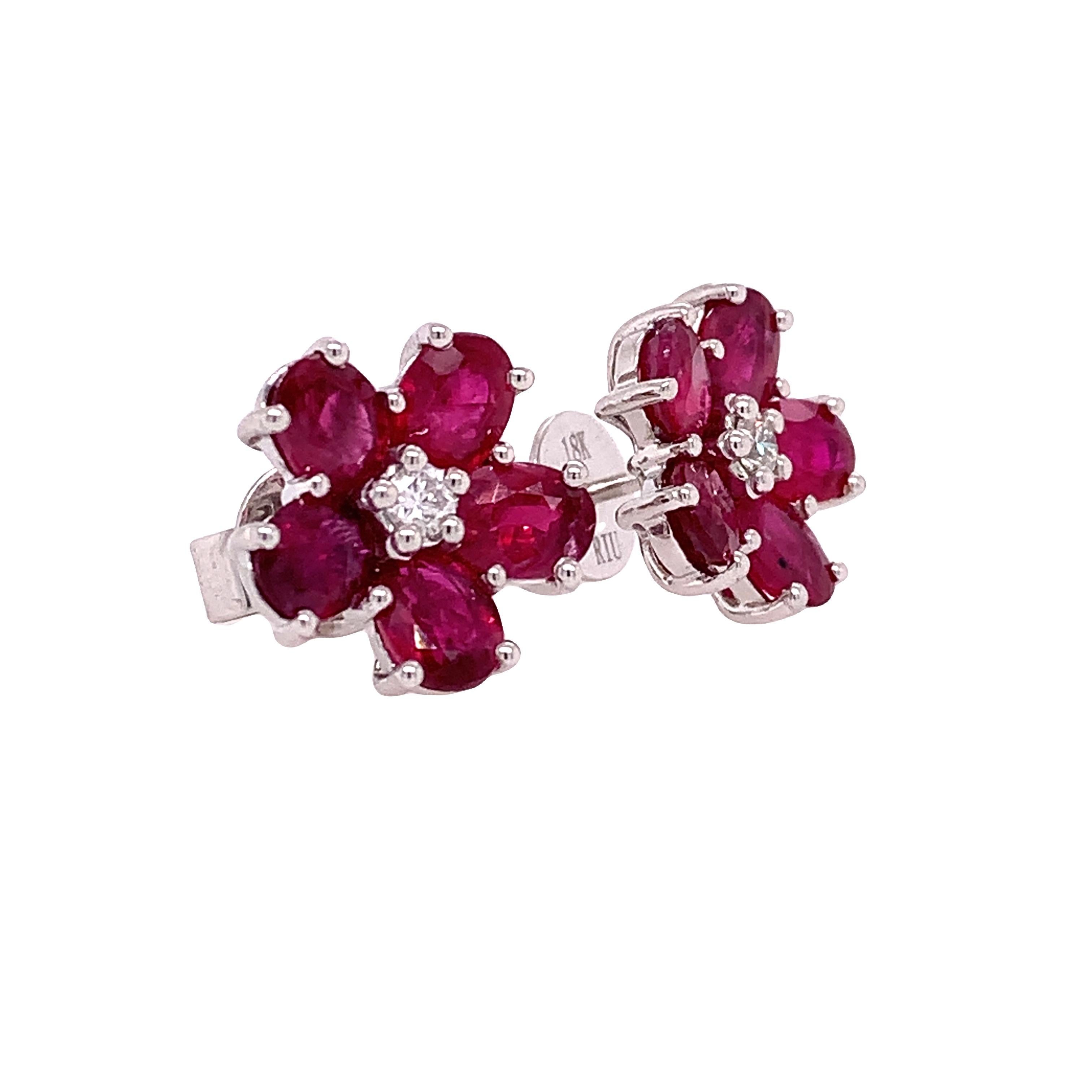 Contemporary RUCHI Ruby and Diamond White Gold Flower Stud Earrings