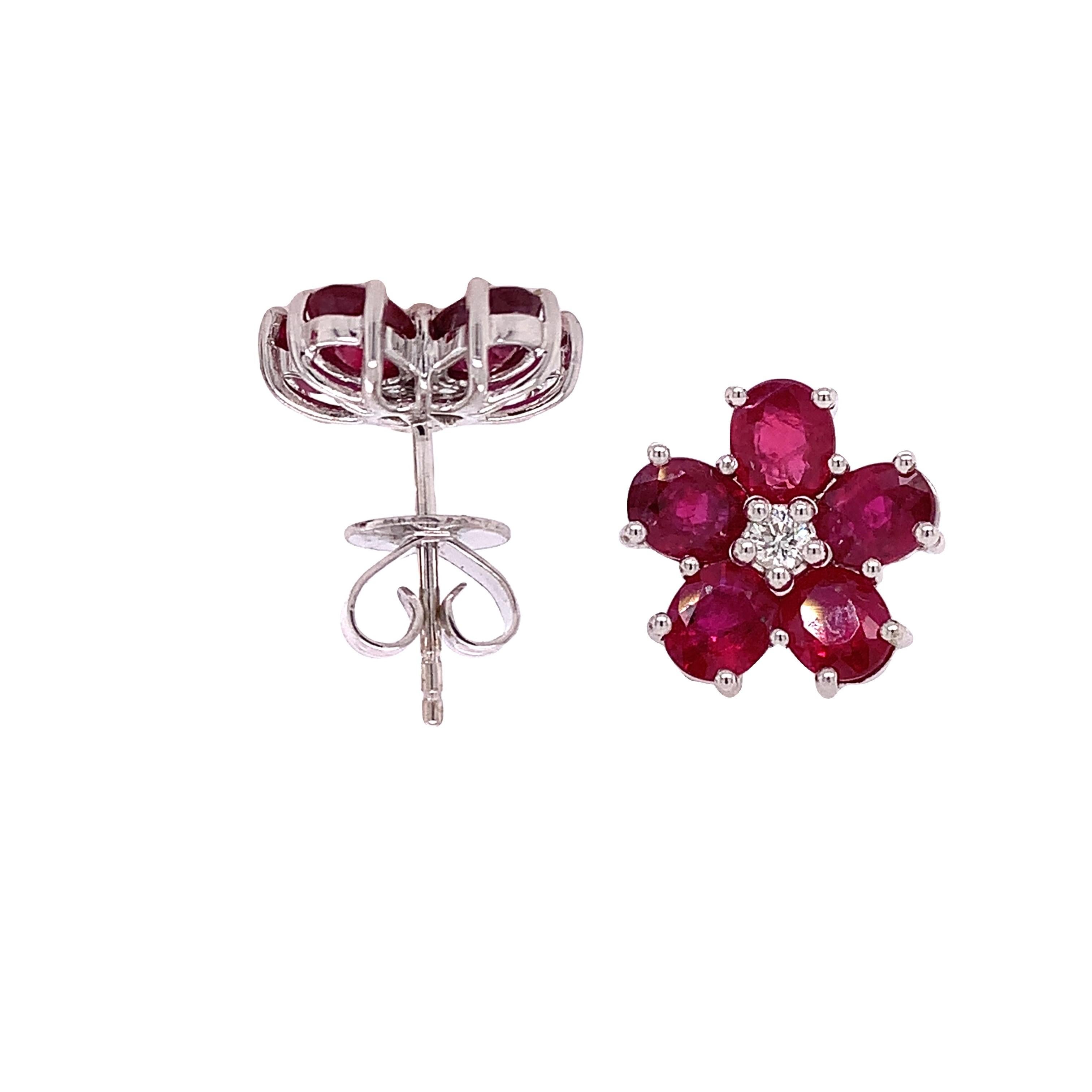 Oval Cut RUCHI Ruby and Diamond White Gold Flower Stud Earrings