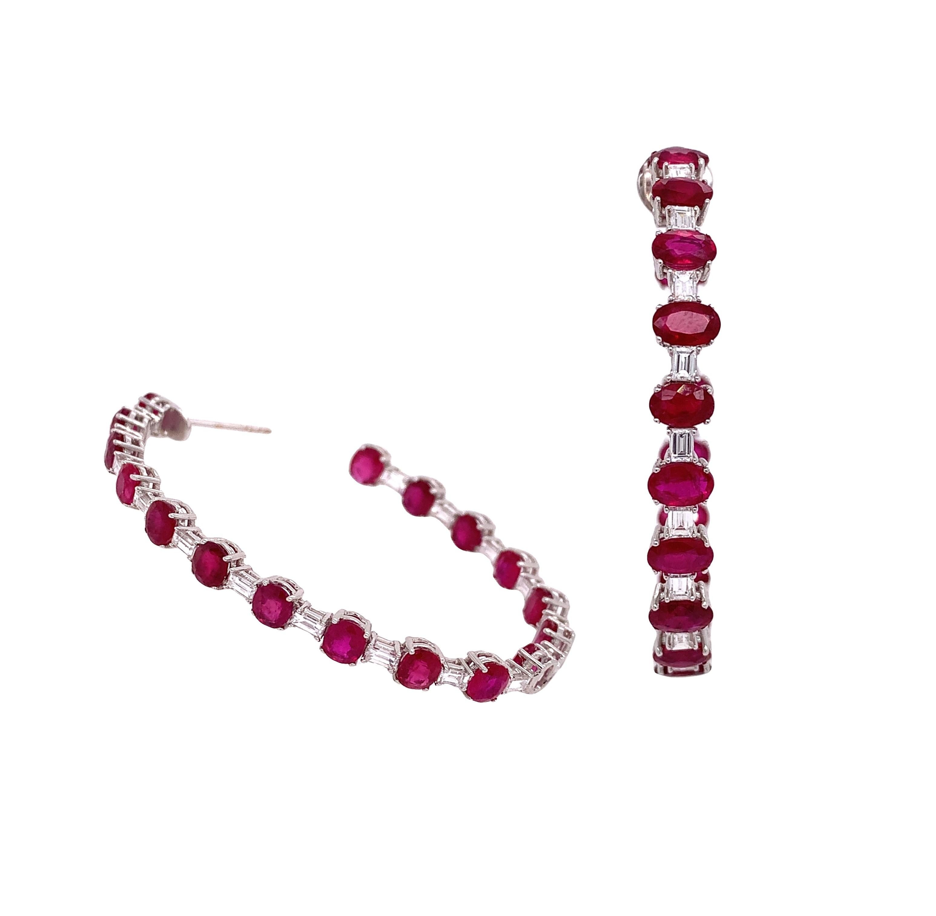 Oval Cut RUCHI Ruby and Diamond White Gold Hoop Earrings For Sale