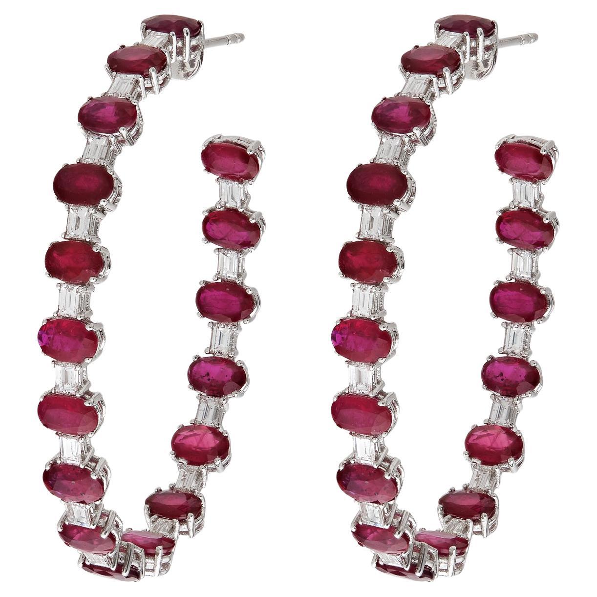 RUCHI Ruby and Diamond White Gold Hoop Earrings For Sale