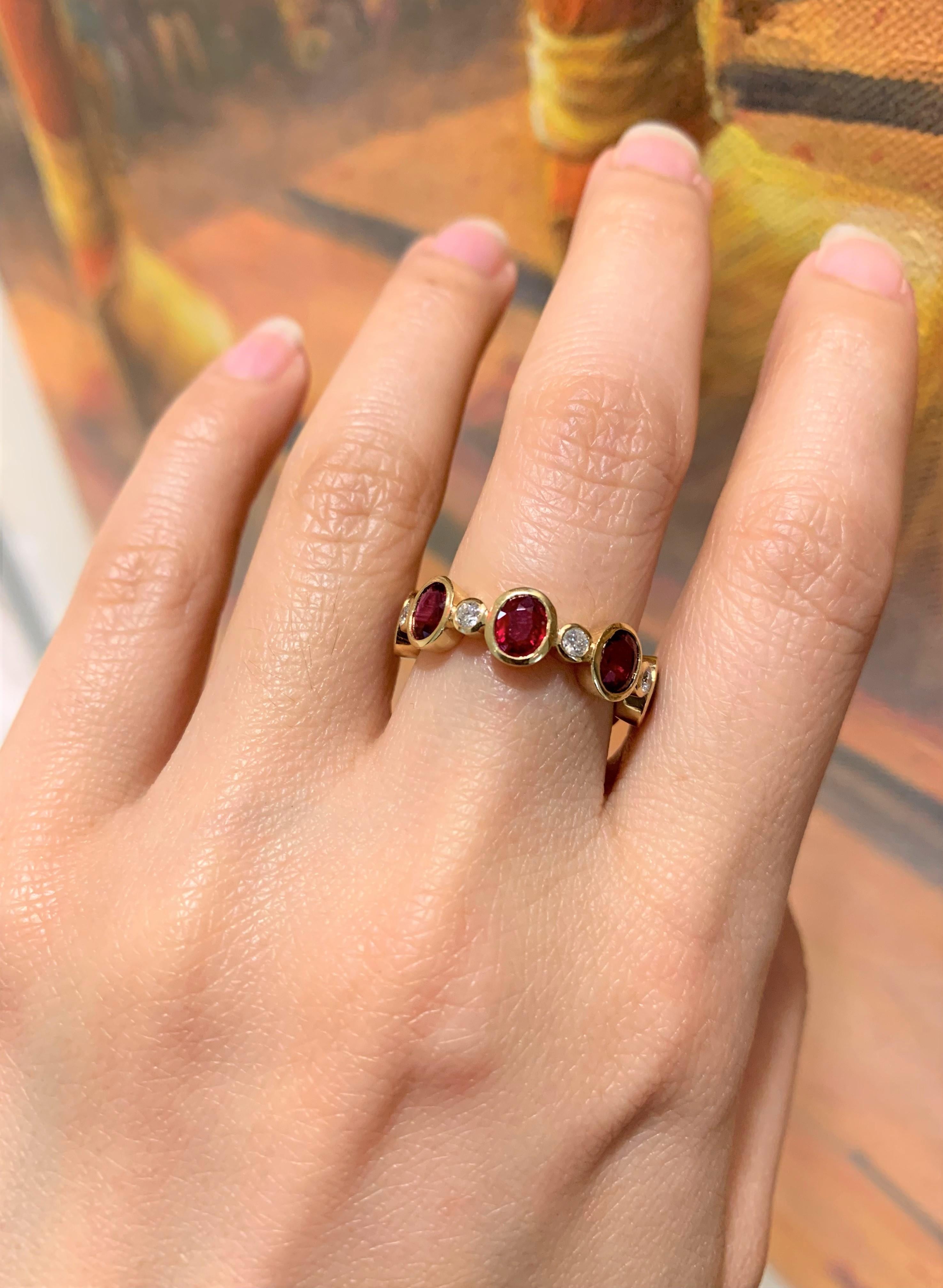 Mixed Cut RUCHI Ruby and Diamond Yellow Gold Bezel-Set Eternity Band For Sale