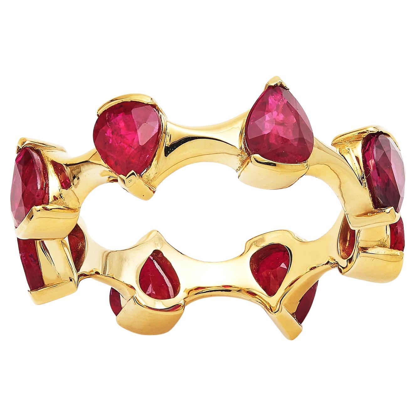 RUCHI Alternating Pear-Shaped Ruby Yellow Gold Wavy Ring For Sale