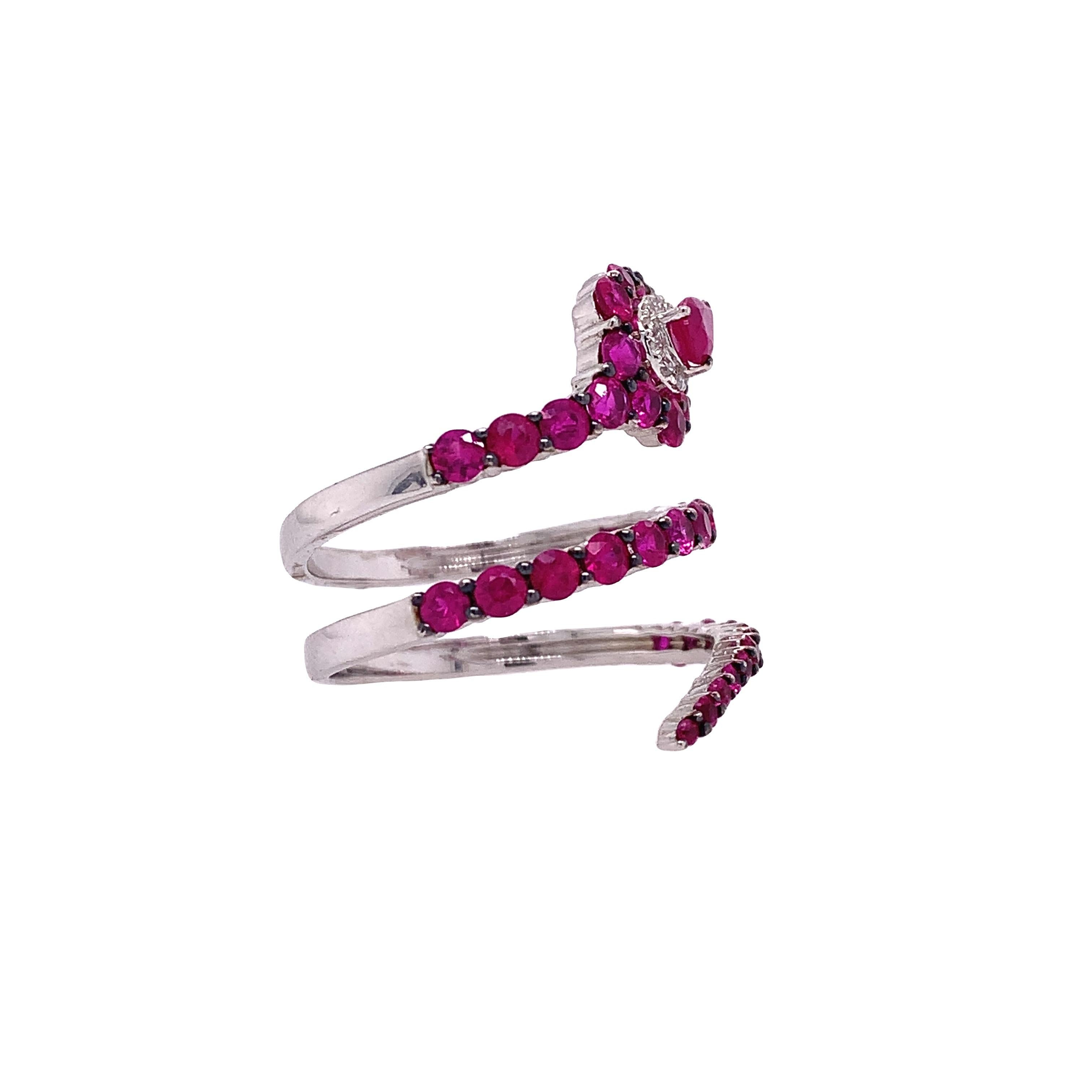 Contemporary RUCHI Ruby and Diamond White Gold Snake Wrap Ring For Sale