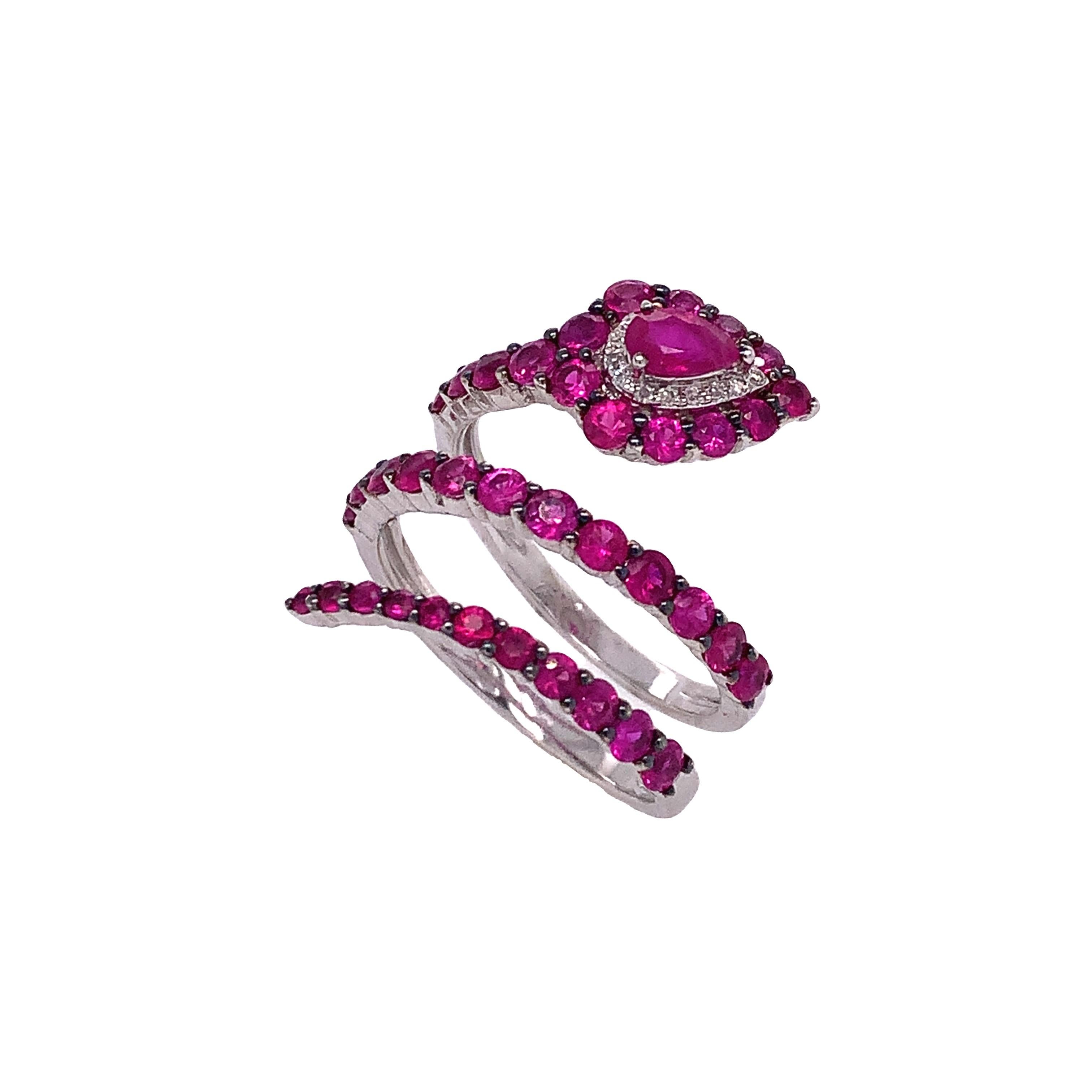 Mixed Cut RUCHI Ruby and Diamond White Gold Snake Wrap Ring For Sale