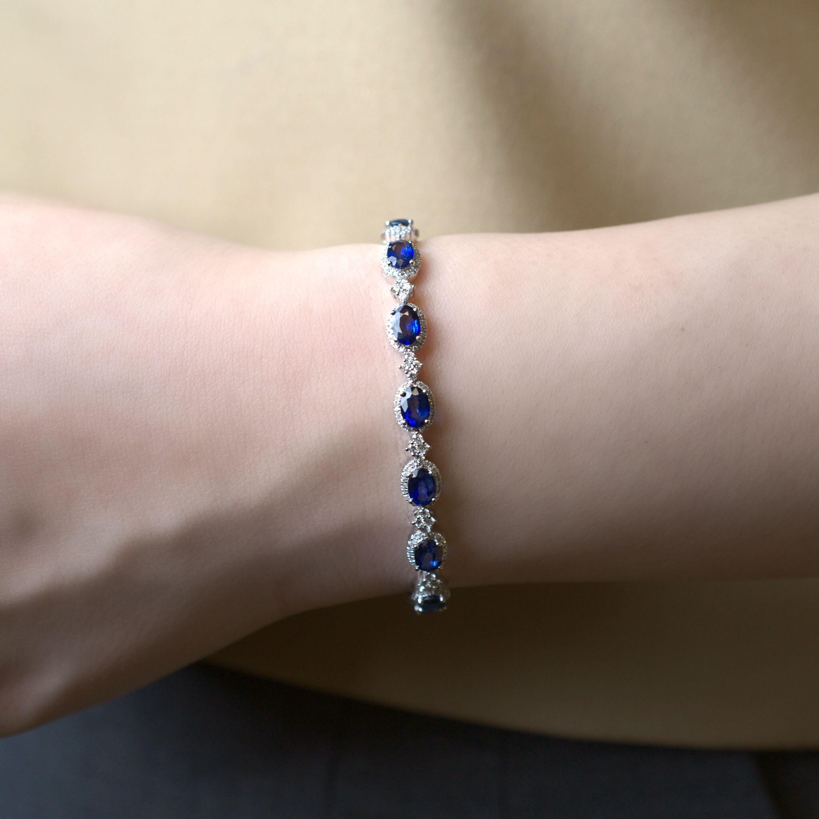 Contemporary RUCHI Oval Blue Sapphire and Brilliant Diamond White Gold Bracelet For Sale