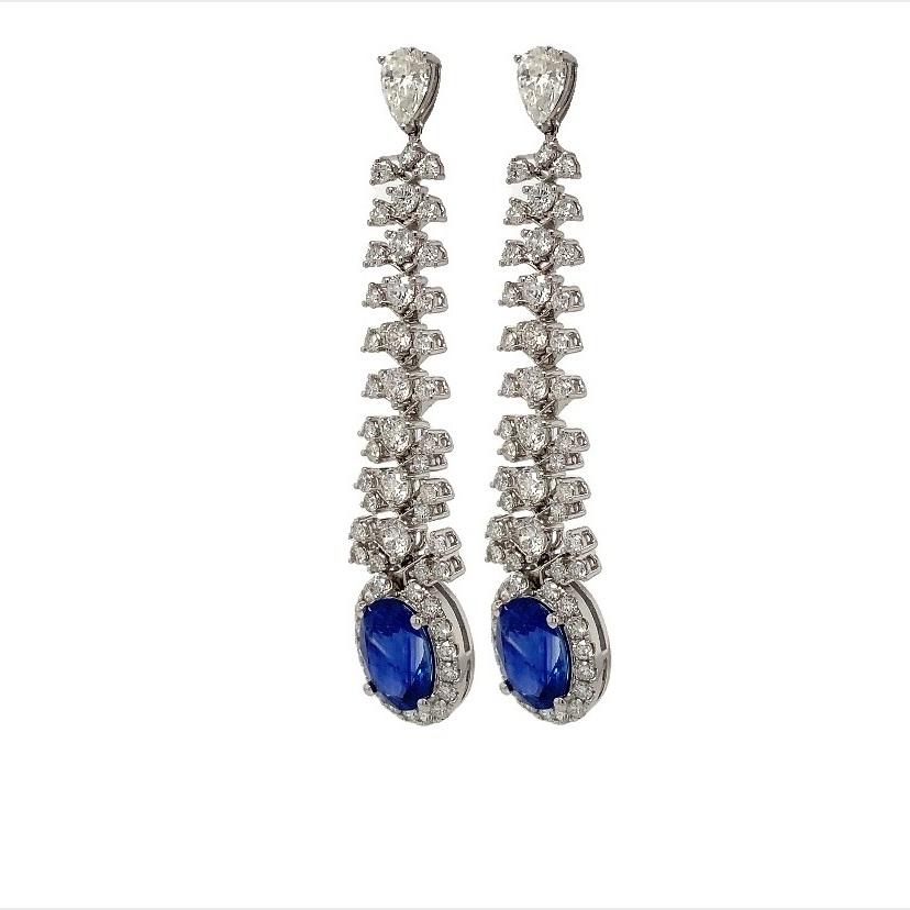 Contemporary RUCHI Oval-Shaped Blue Sapphire and Diamond White Gold Linear Earrings For Sale