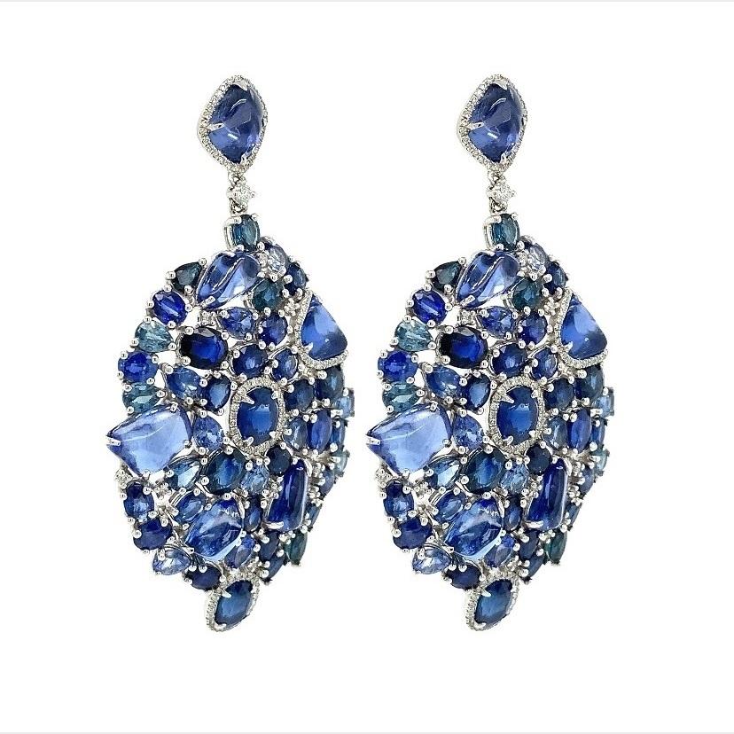 Contemporary RUCHI Mixed Shape Blue Sapphire & Diamond White Gold Drop Earrings For Sale