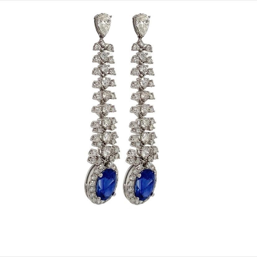 Mixed Cut RUCHI Oval-Shaped Blue Sapphire and Diamond White Gold Linear Earrings For Sale