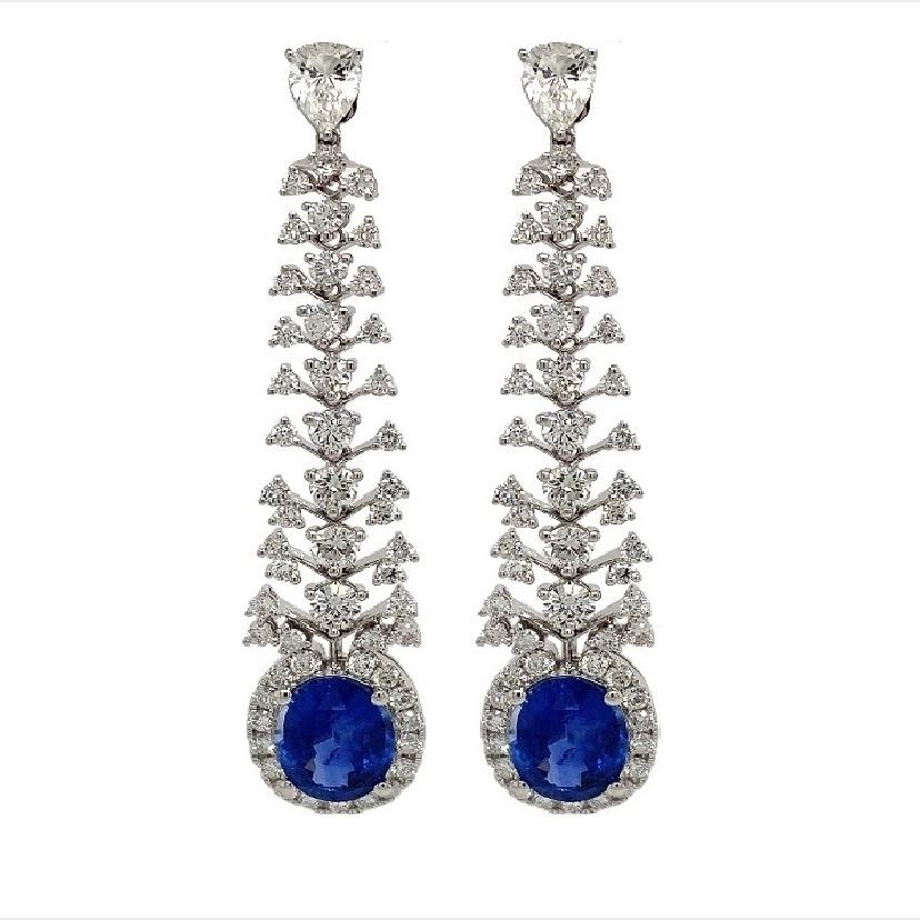 RUCHI Oval-Shaped Blue Sapphire and Diamond White Gold Linear Earrings In New Condition For Sale In New York, NY
