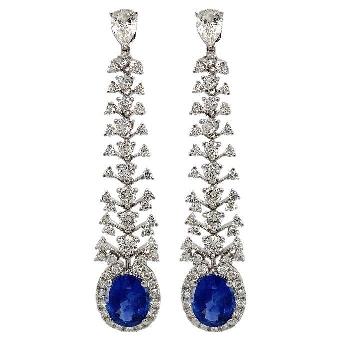 RUCHI Oval-Shaped Blue Sapphire and Diamond White Gold Linear Earrings For Sale
