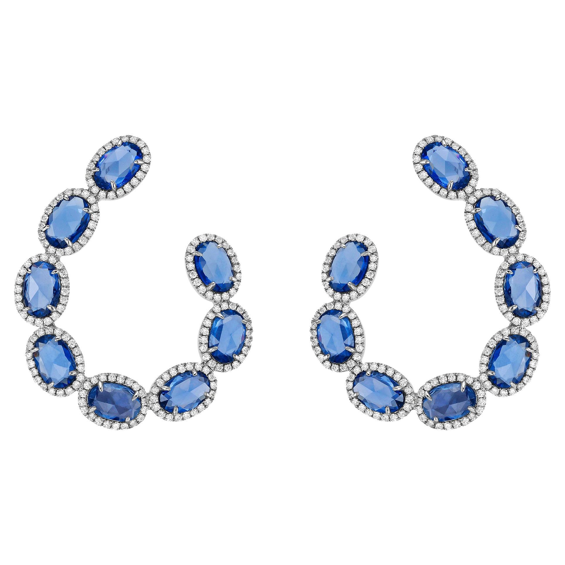 RUCHI Oval Rose-Cut Blue Sapphire and Diamond White Gold C-Shape Earrings