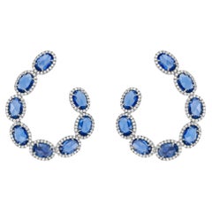 RUCHI Oval Rose-Cut Blue Sapphire and Diamond White Gold C-Shape Earrings