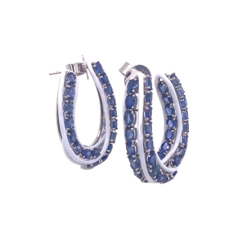 Contemporary RUCHI Blue Sapphire and White Enamel White Gold Hoop Earrings For Sale