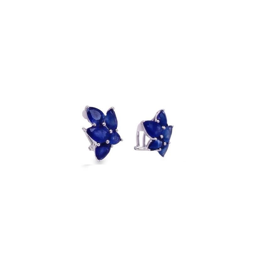 Contemporary RUCHI Pear-Shaped Blue Sapphire Leaf White Gold Stud Earrings For Sale