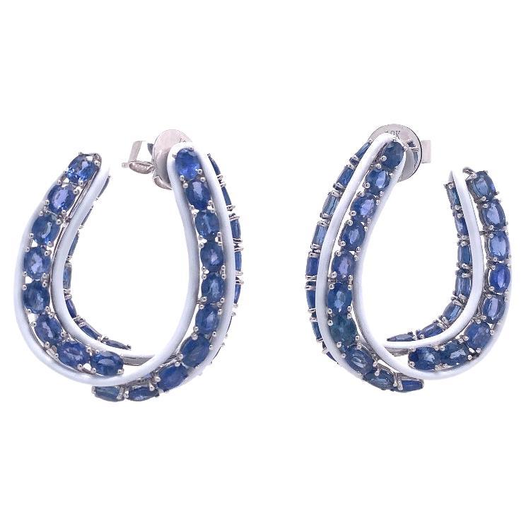 RUCHI Blue Sapphire and White Enamel White Gold Hoop Earrings For Sale