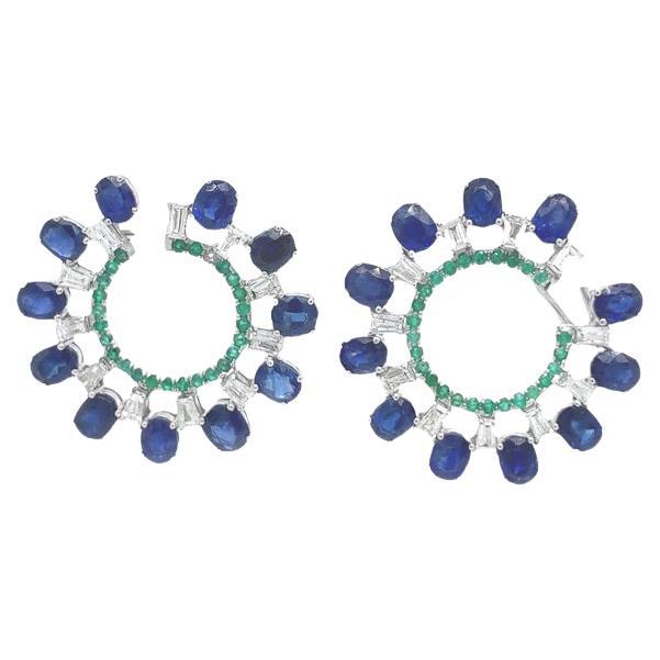 RUCHI Blue Sapphire, Emerald & Diamond White Gold Earrings For Sale