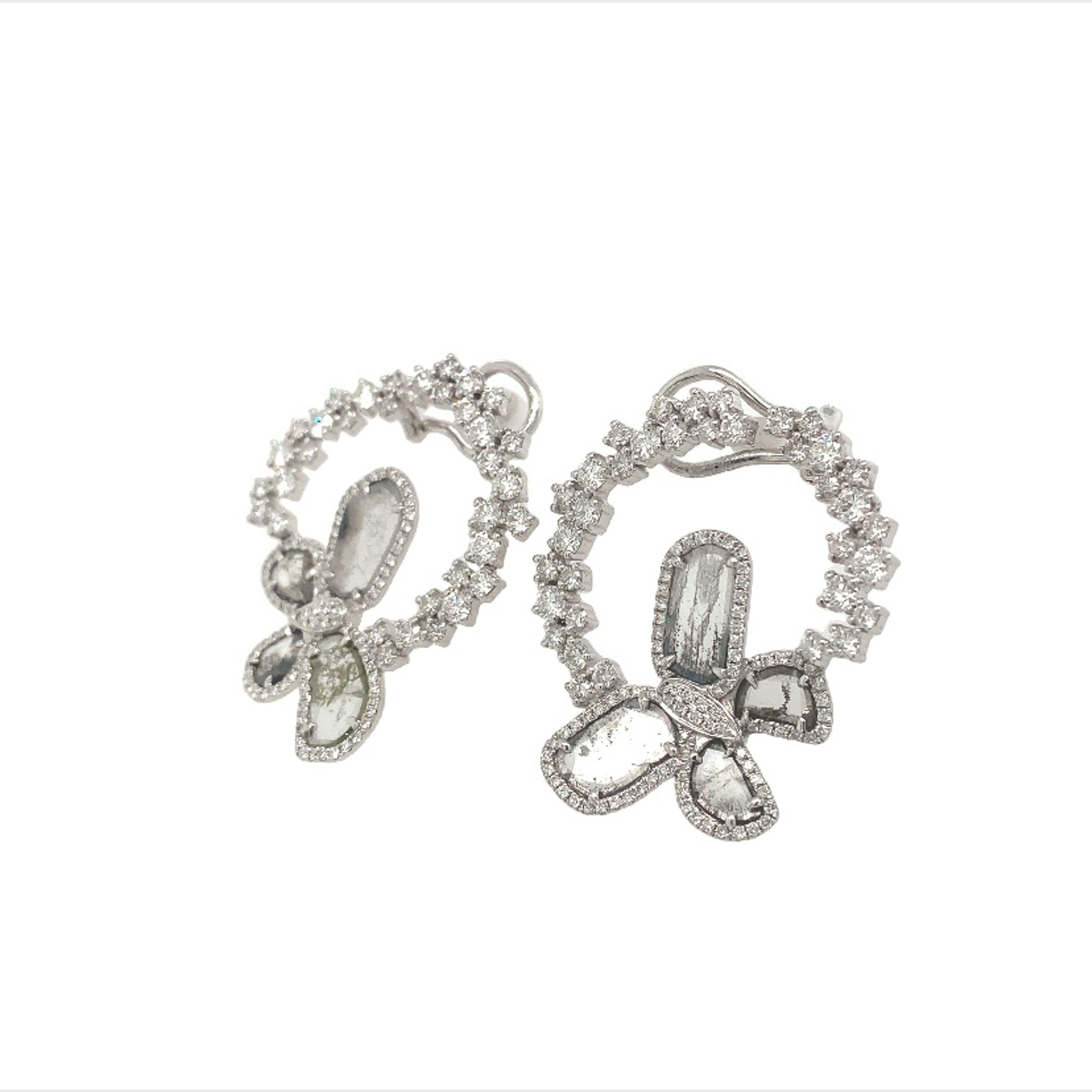 Contemporary RUCHI Sliced Diamond & Brilliant Diamond White Gold Butterfly Hoop Earrings For Sale