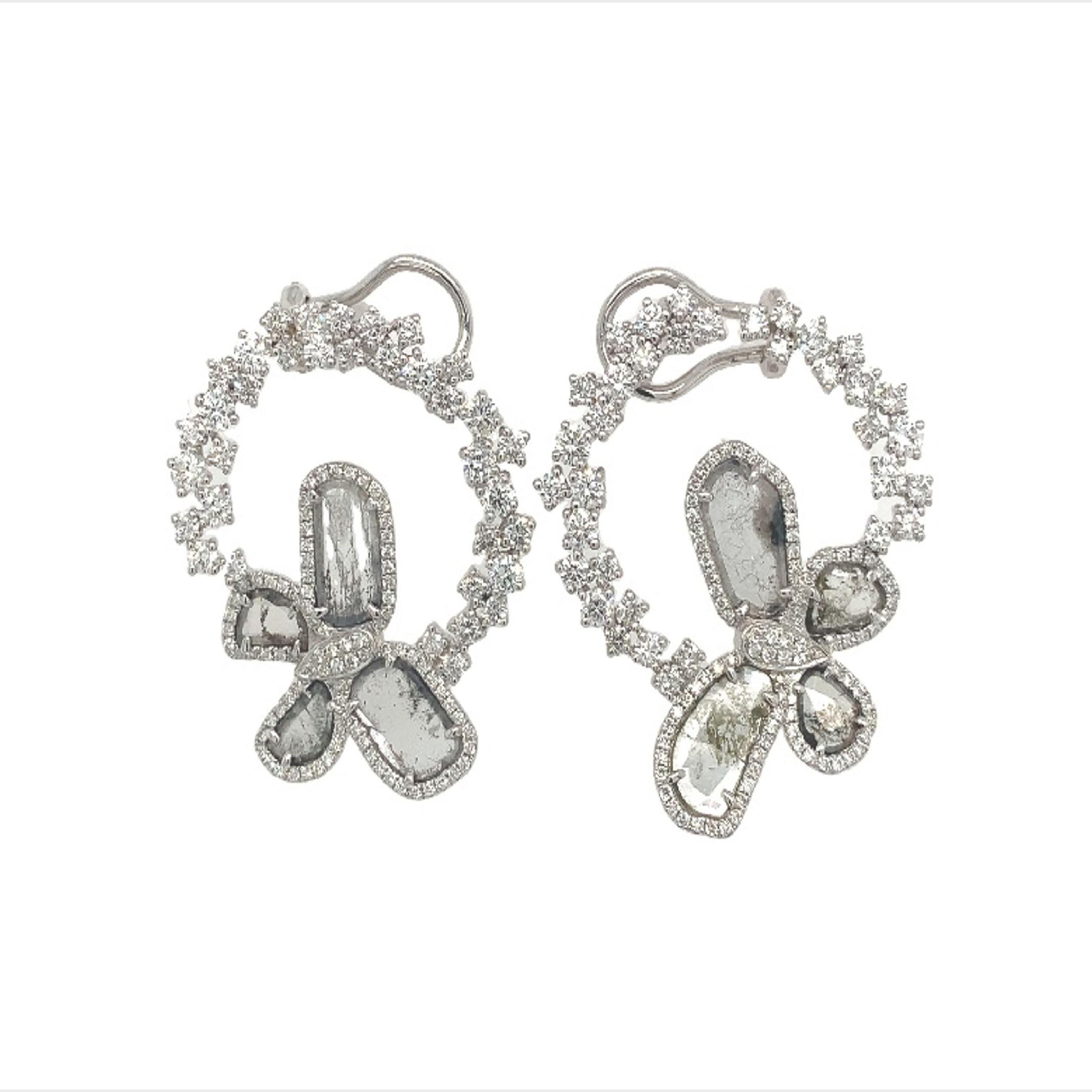 Mixed Cut RUCHI Sliced Diamond & Brilliant Diamond White Gold Butterfly Hoop Earrings For Sale