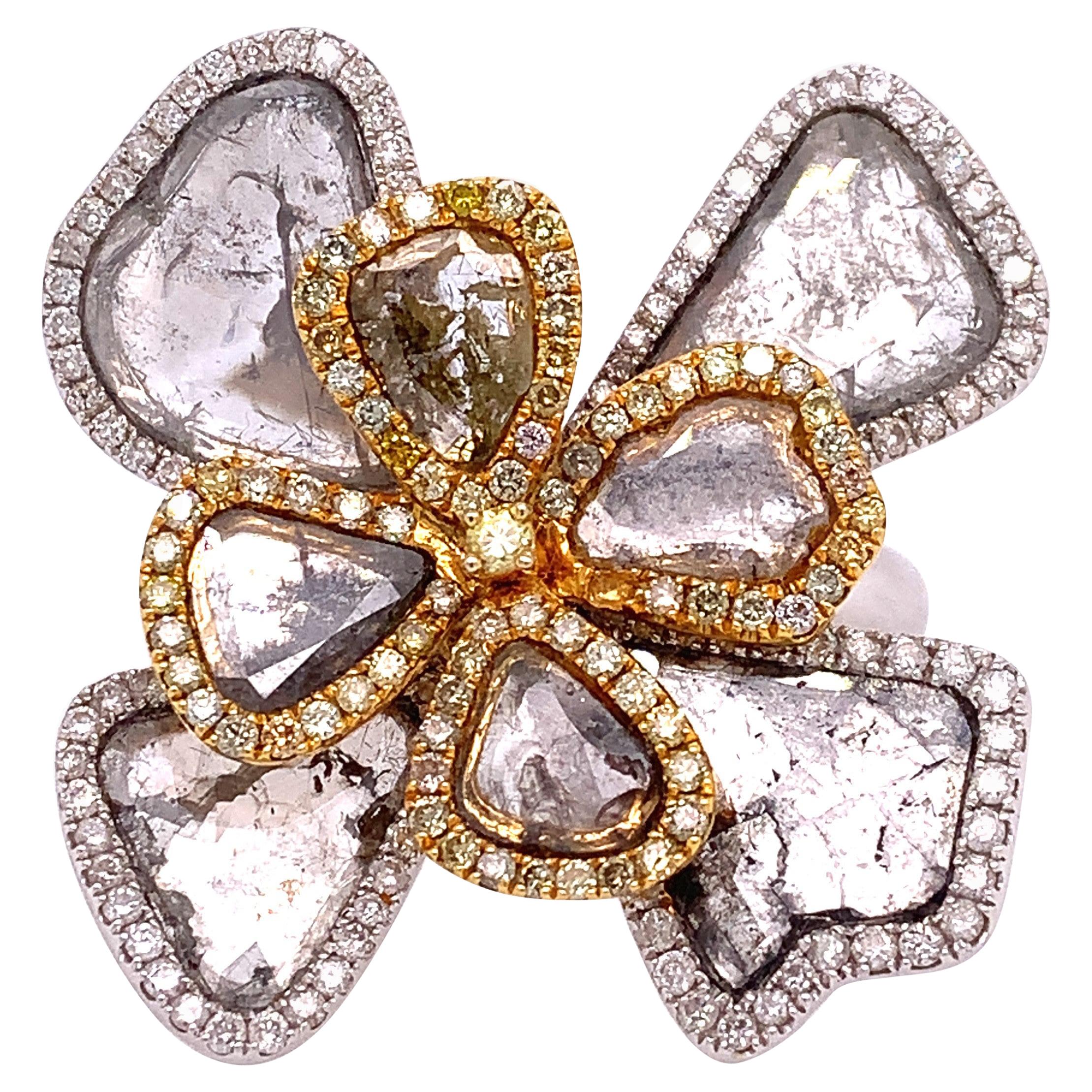 RUCHI Diamond Slice and Brilliant-Cut Pavé Two-Tone Gold Cocktail Flower Ring For Sale