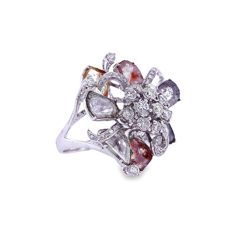 Contemporary RUCHI Slice and Brilliant-Cut Diamond White Gold Flower Cocktail Ring For Sale