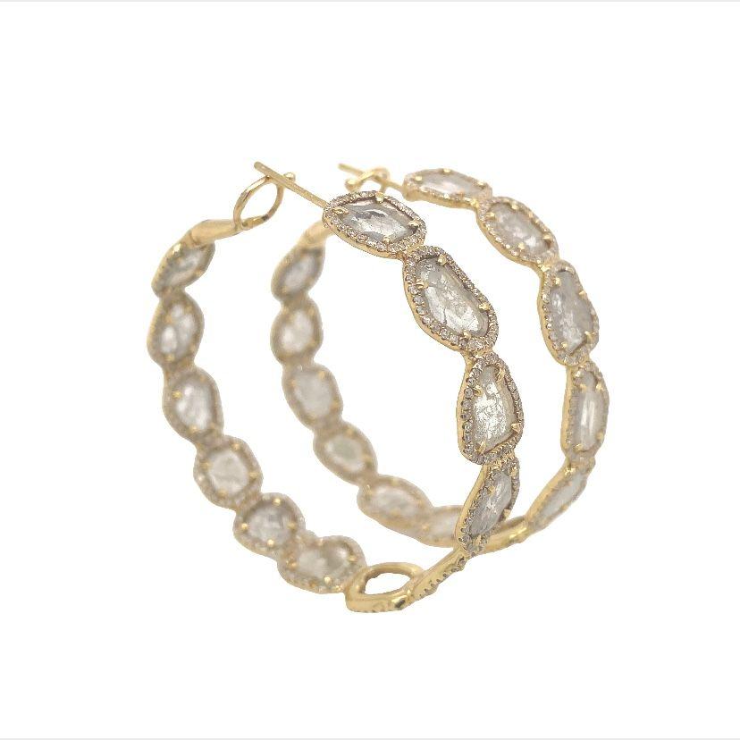 Contemporary RUCHI Sliced Diamond & Pavé Diamond Yellow Gold Hoop Earrings For Sale