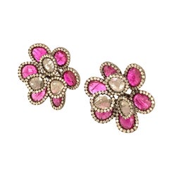 Ruchi New York Slice Ruby and Diamond Flower Clip-On Earrings