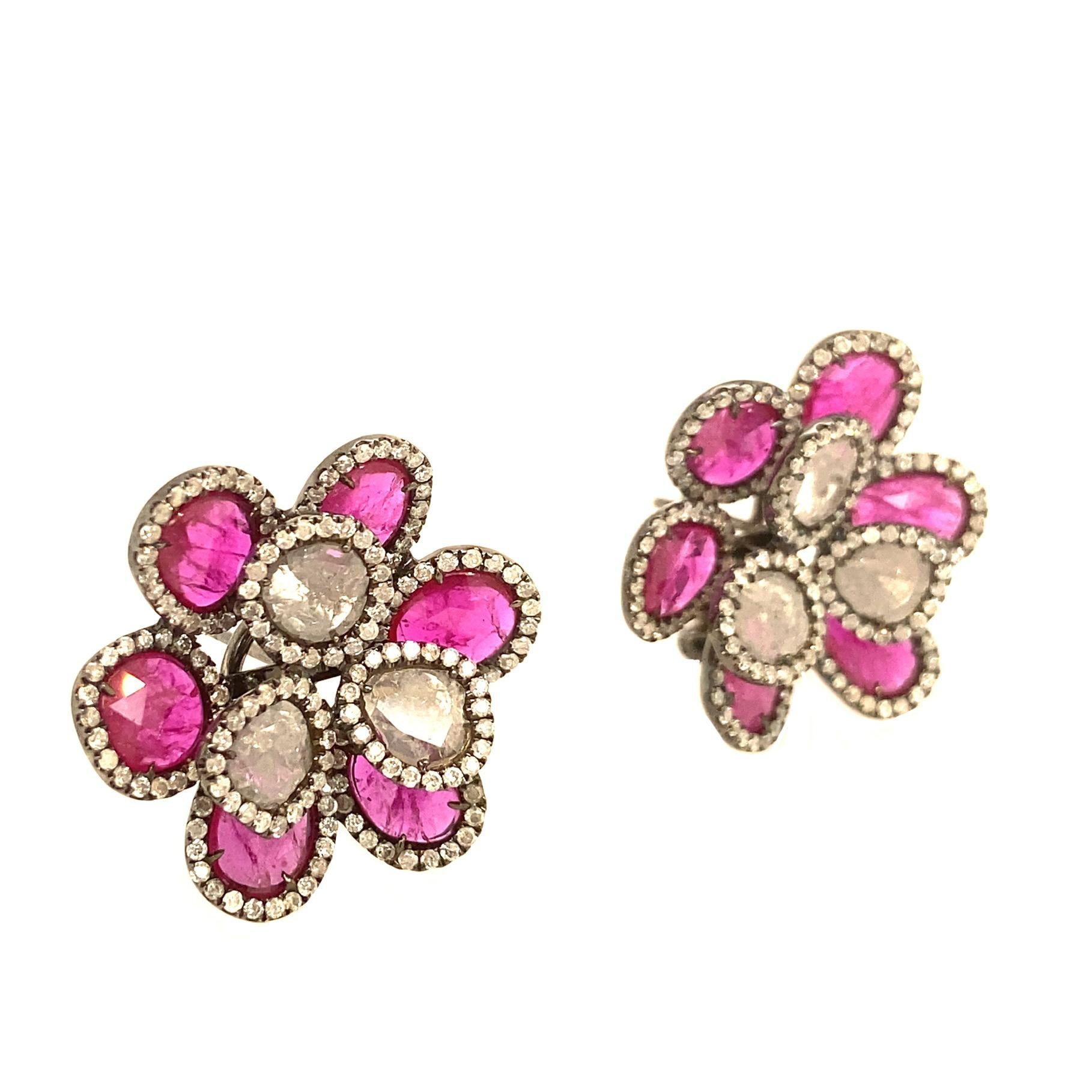 Contemporary Ruchi New York Slice Ruby and Diamond Flower Clip-On Earrings