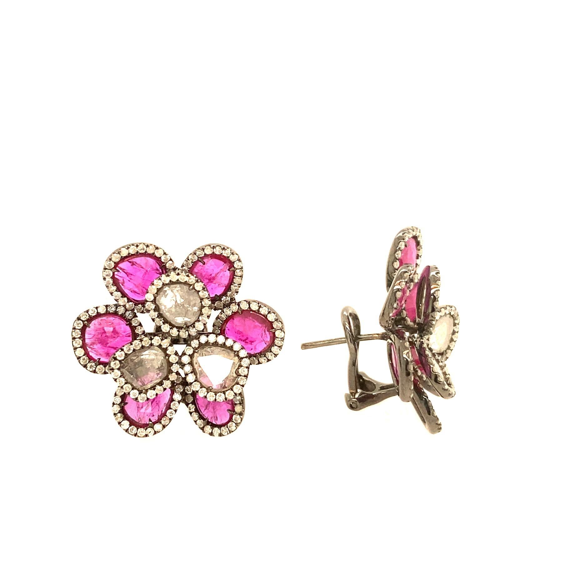Mixed Cut Ruchi New York Slice Ruby and Diamond Flower Clip-On Earrings