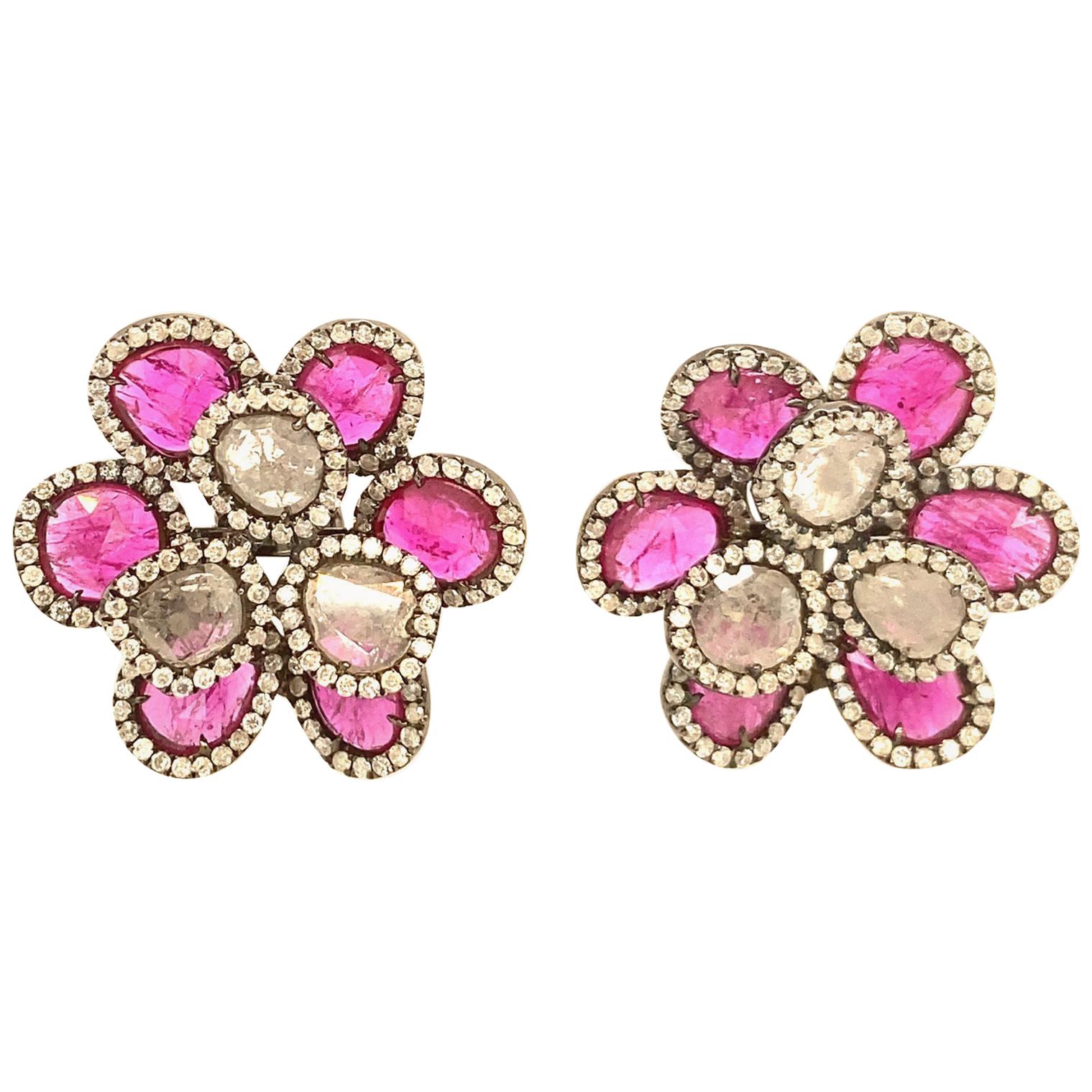 Ruchi New York Slice Ruby and Diamond Flower Clip-On Earrings