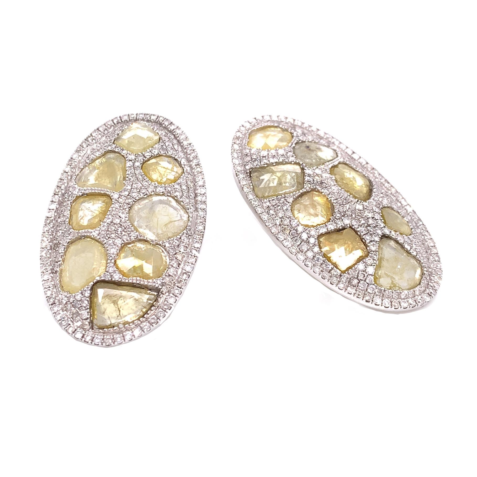 Mixed Cut RUCHI Sliced Diamond & Pavé Diamonds White Gold Oval Disk Clip-On Earrings For Sale