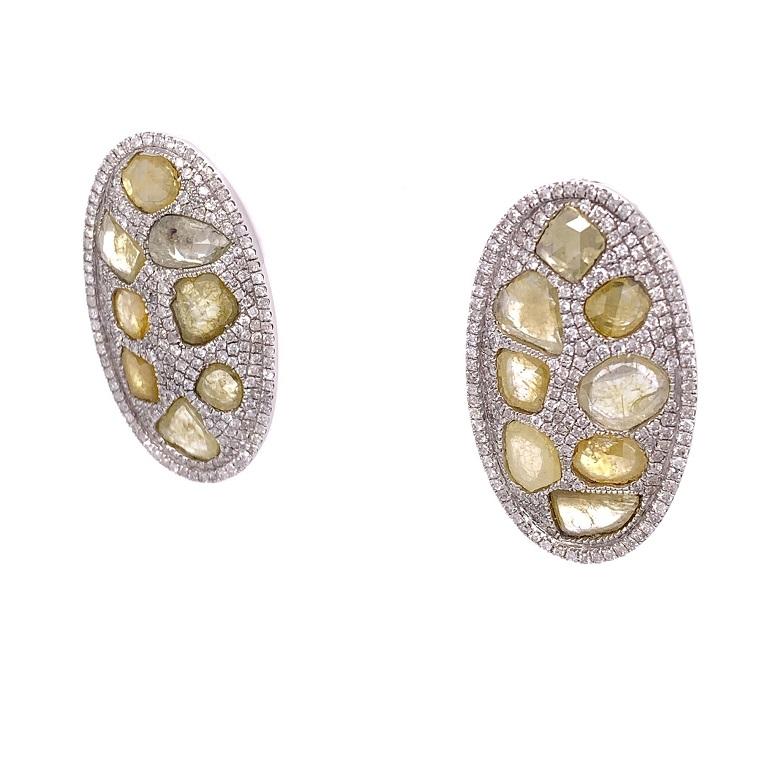 Contemporary RUCHI Sliced Diamond & Pavé Diamonds White Gold Oval Disk Clip-On Earrings For Sale