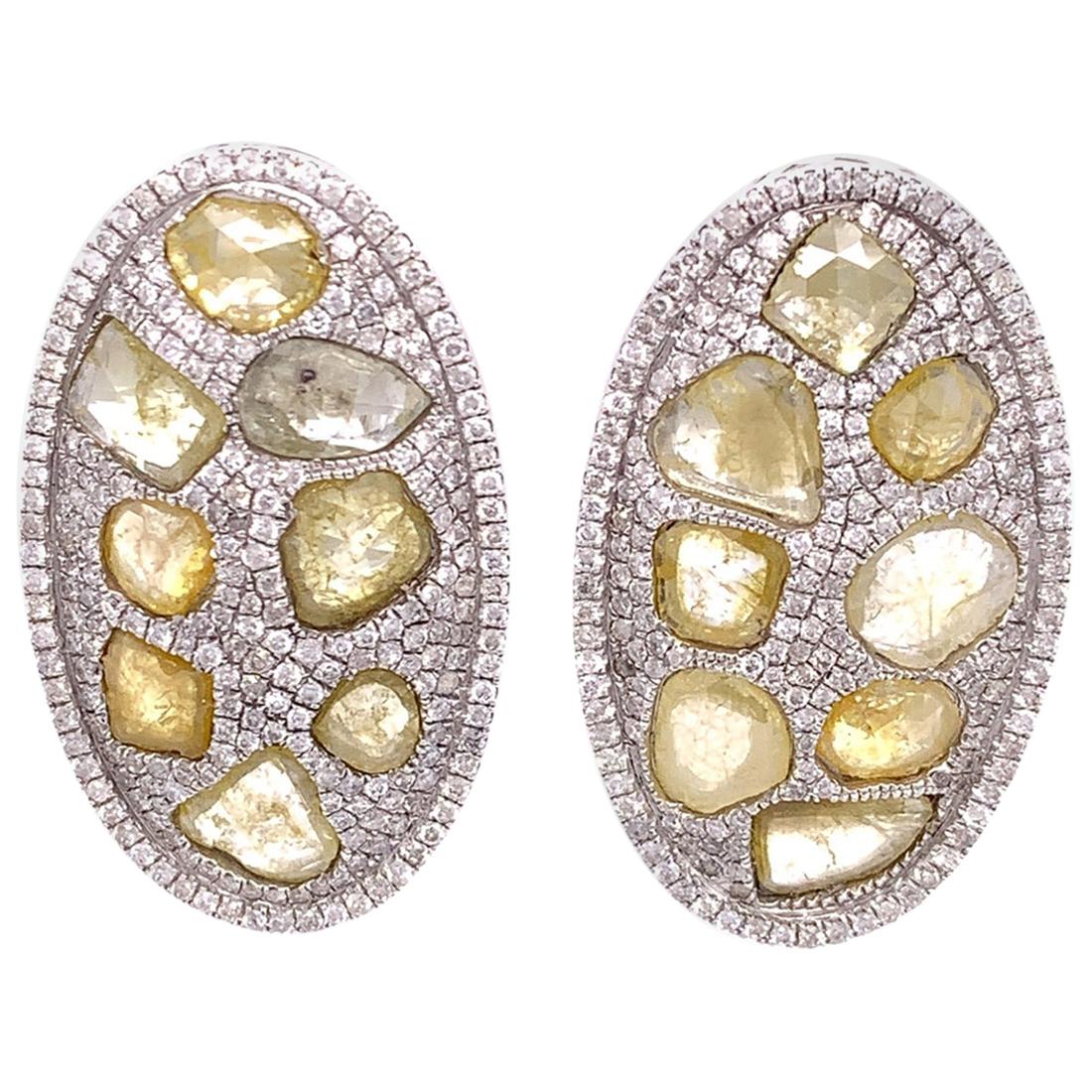 RUCHI Sliced Diamond & Pavé Diamonds White Gold Oval Disk Clip-On Earrings For Sale