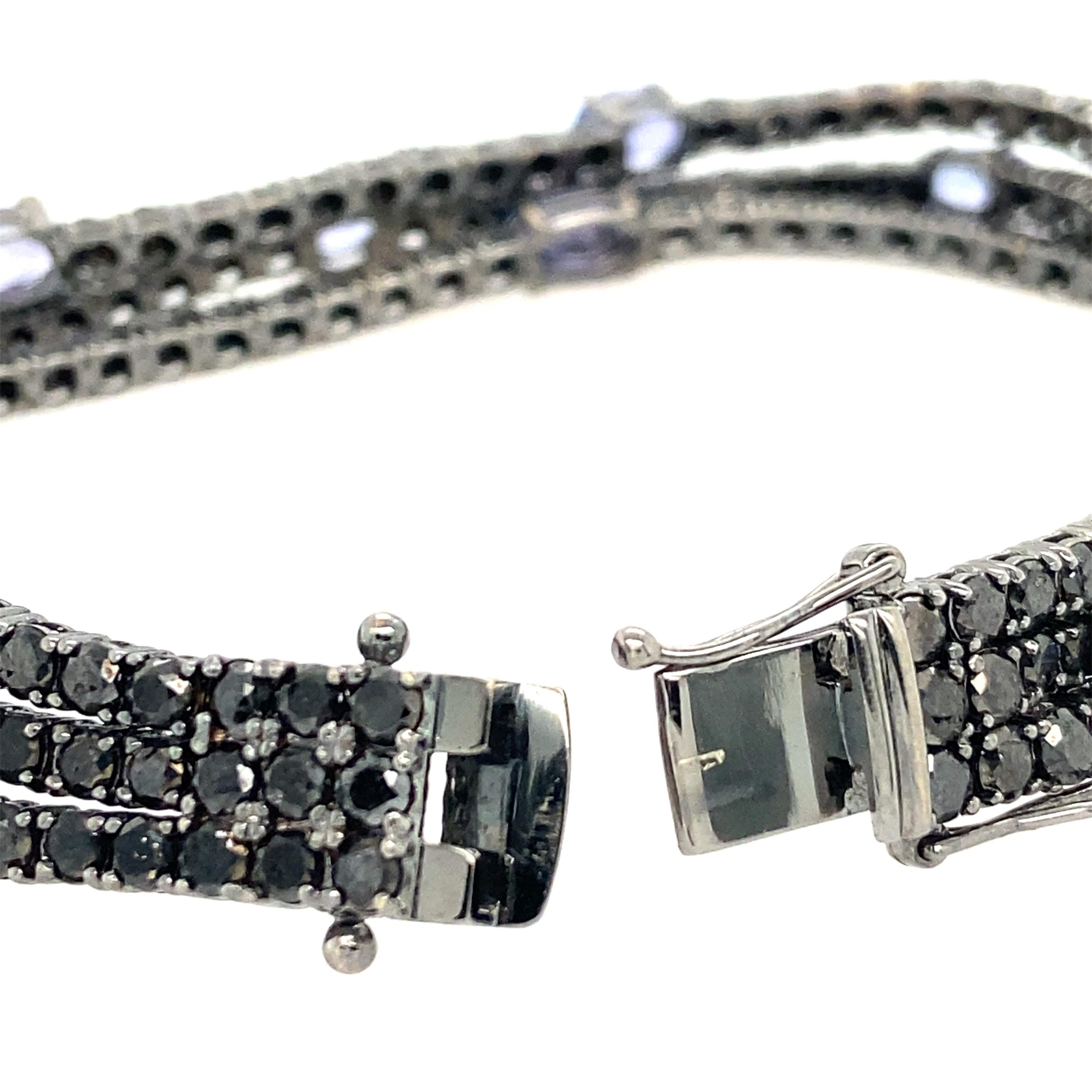 Contemporary RUCHI Tanzanite and Black Diamond Black Rhodium Three-Row Bracelet For Sale
