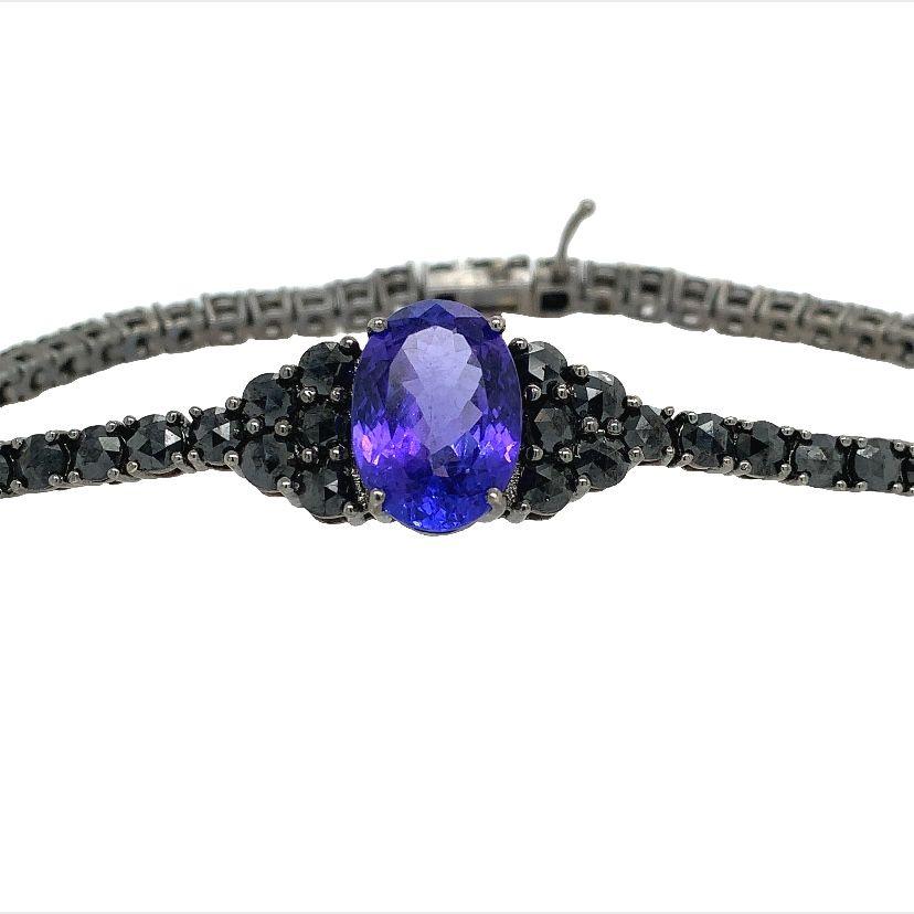 Mixed Cut RUCHI Oval Tanzanite and Black Diamond Black Rhodium Bracelet For Sale