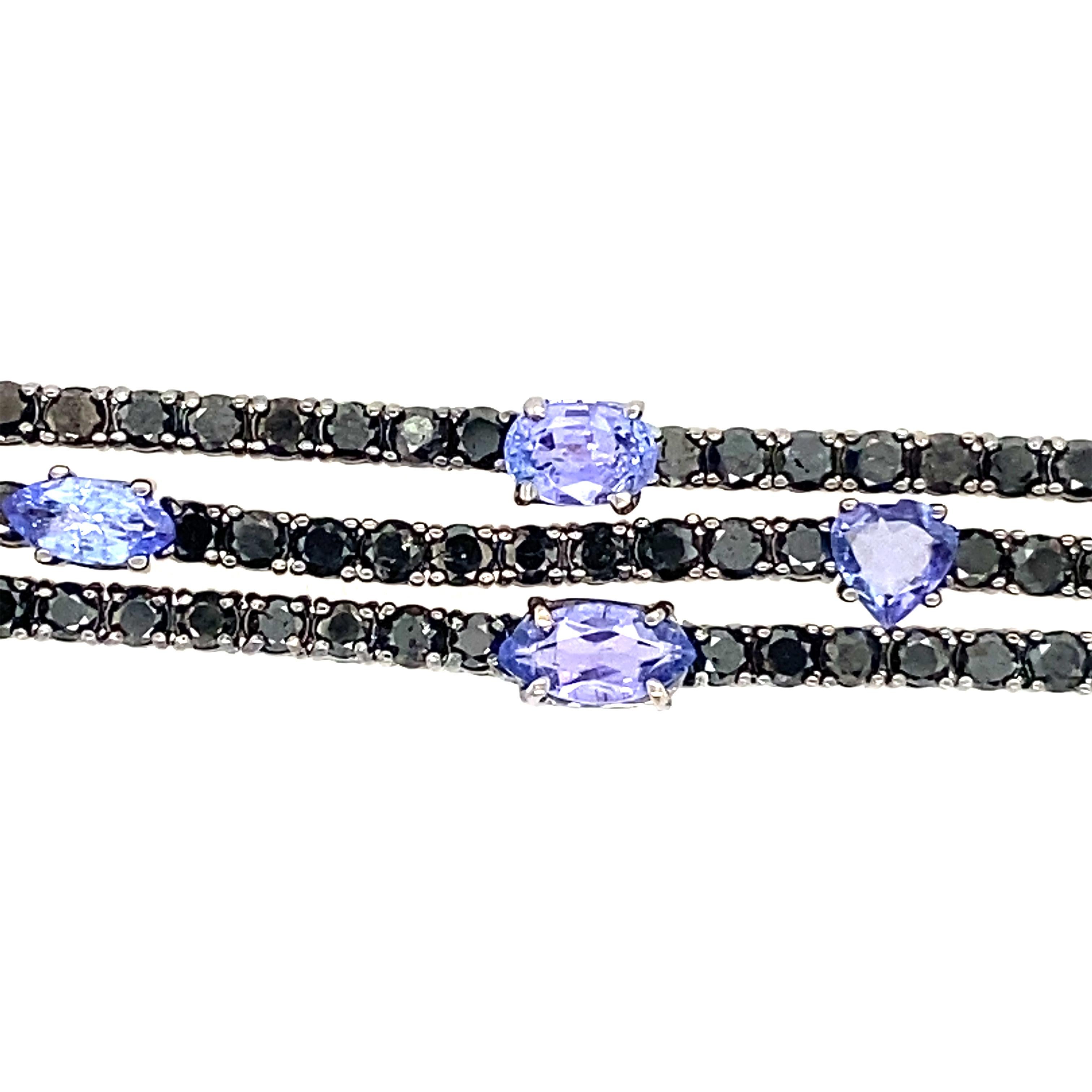 Mixed Cut RUCHI Tanzanite and Black Diamond Black Rhodium Three-Row Bracelet For Sale