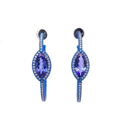 RUCHI Marquise Tanzanite and Diamond Pavé Blue Rhodium Hoop Earrings