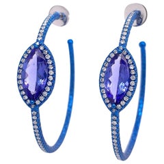 RUCHI Marquise Tanzanite and Diamond Pavé Blue Rhodium Hoop Earrings
