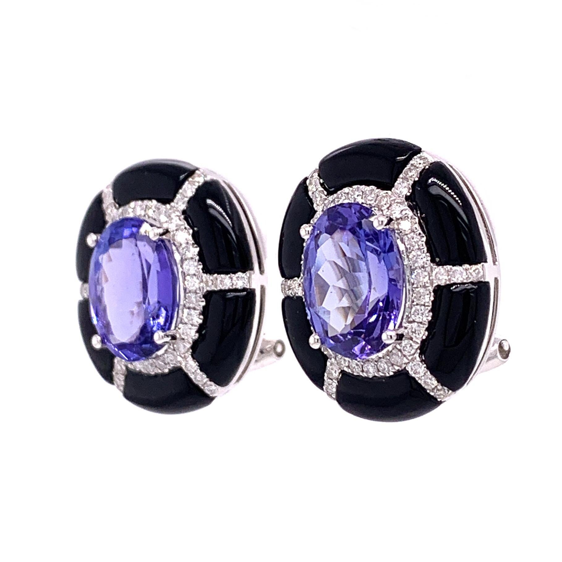 Contemporary RUCHI Tanzanite, Diamond and Black Agate White Gold Stud Earrings For Sale