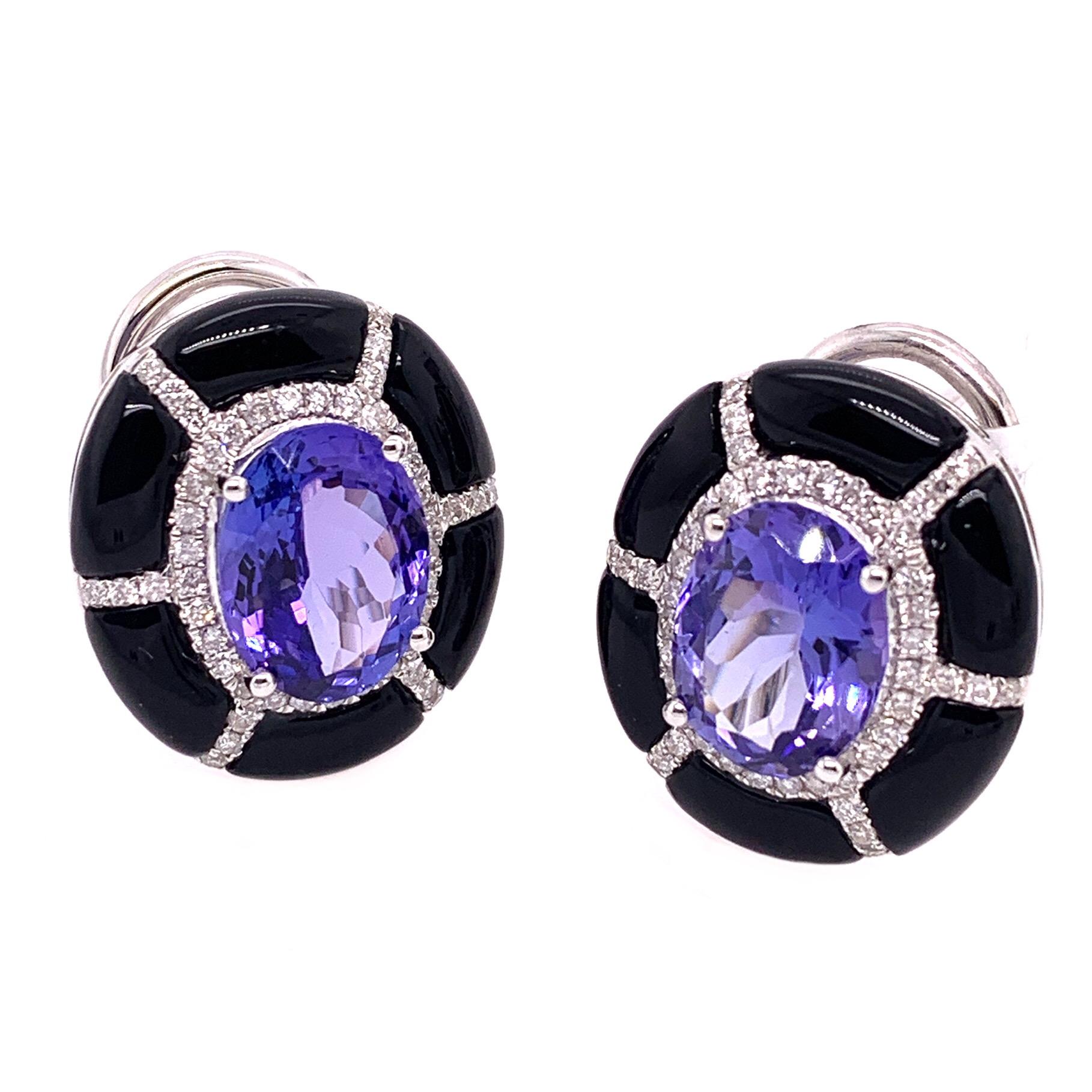Oval Cut RUCHI Tanzanite, Diamond and Black Agate White Gold Stud Earrings For Sale