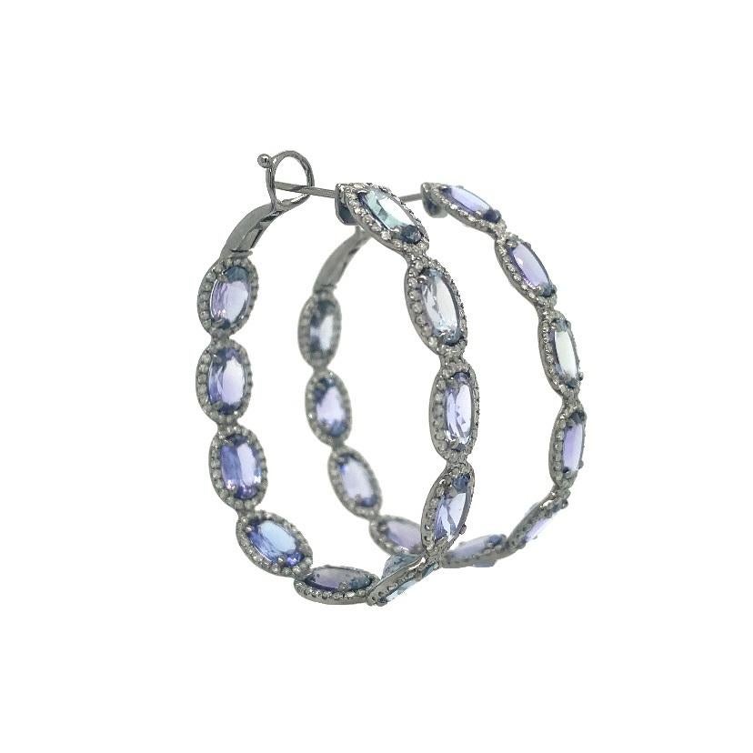 Contemporary RUCHI Oval Shaped Tanzanite & Pavé Diamond Black Rhodium Hoop Earrings For Sale