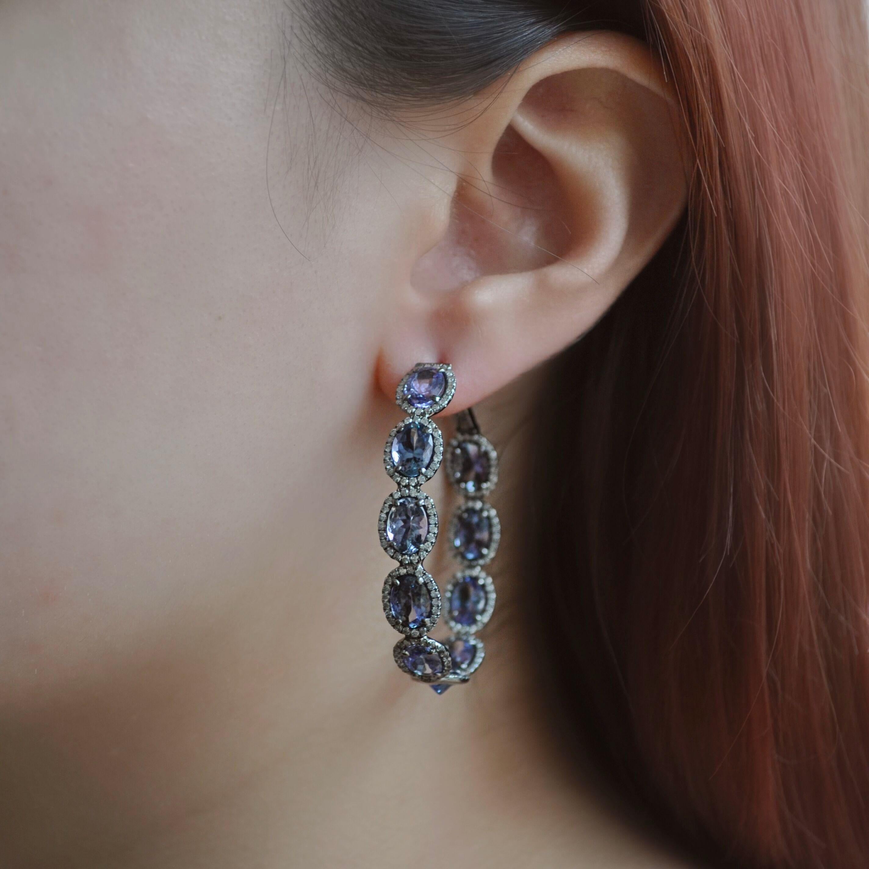 Mixed Cut RUCHI Oval Shaped Tanzanite & Pavé Diamond Black Rhodium Hoop Earrings For Sale