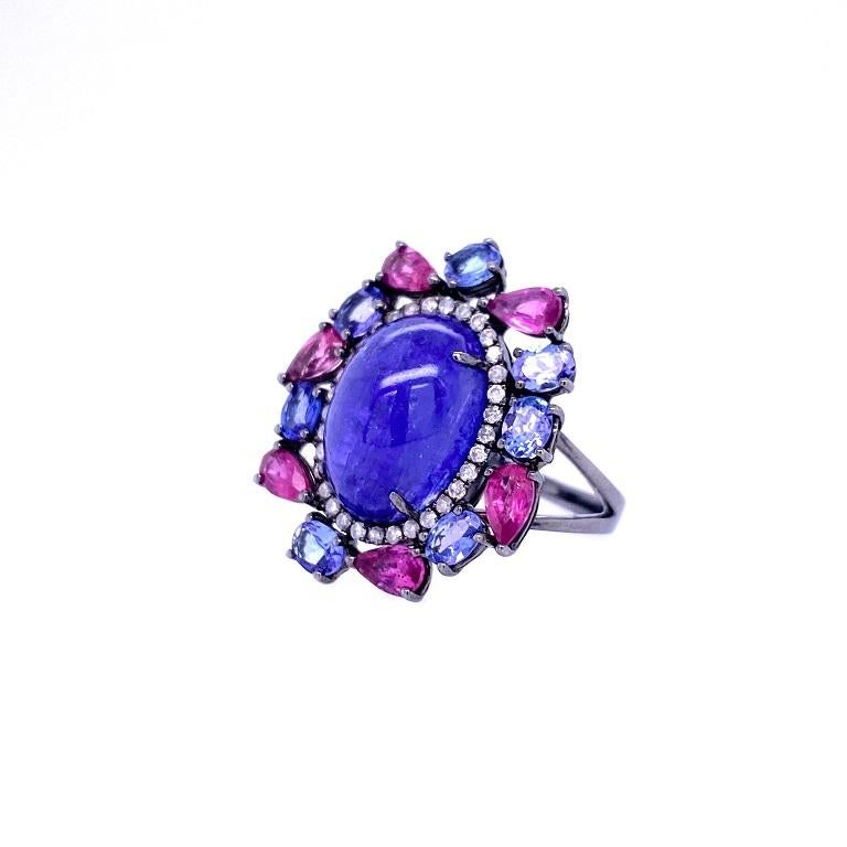 Contemporary Ruchi New York Tanzanite, Pink Sapphire and Diamond Cocktail Ring